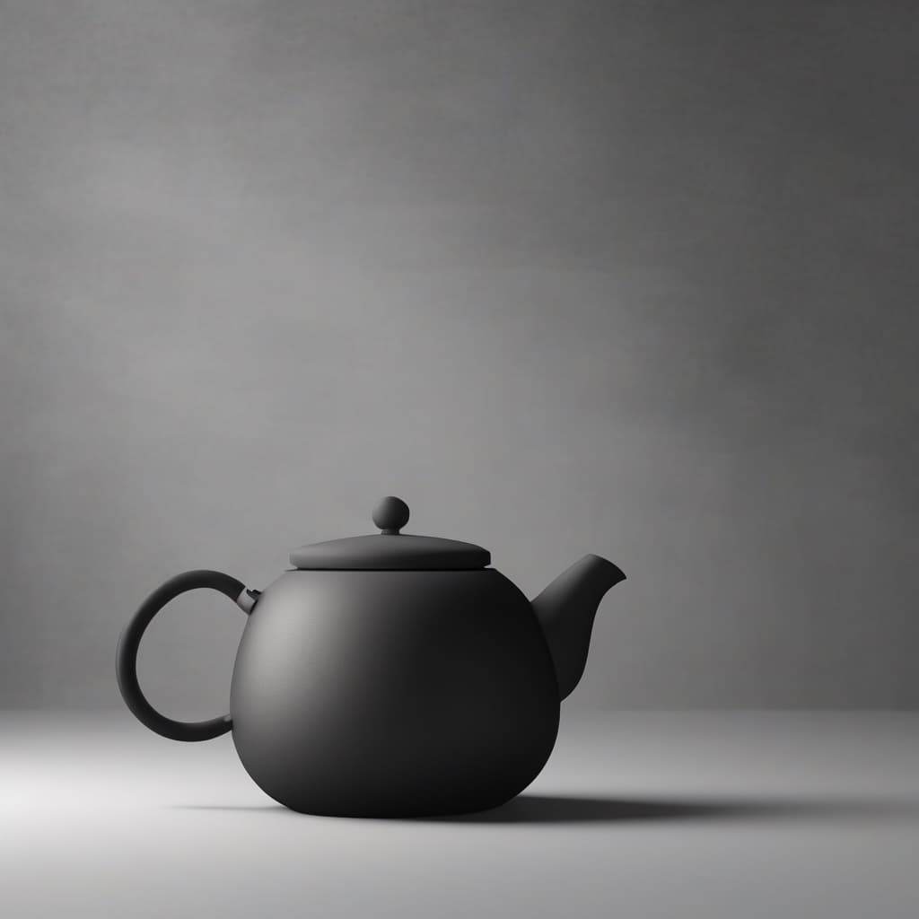 A matte black ceramic teapot on a pale grey surface, lit softly from the left with a long shadow.