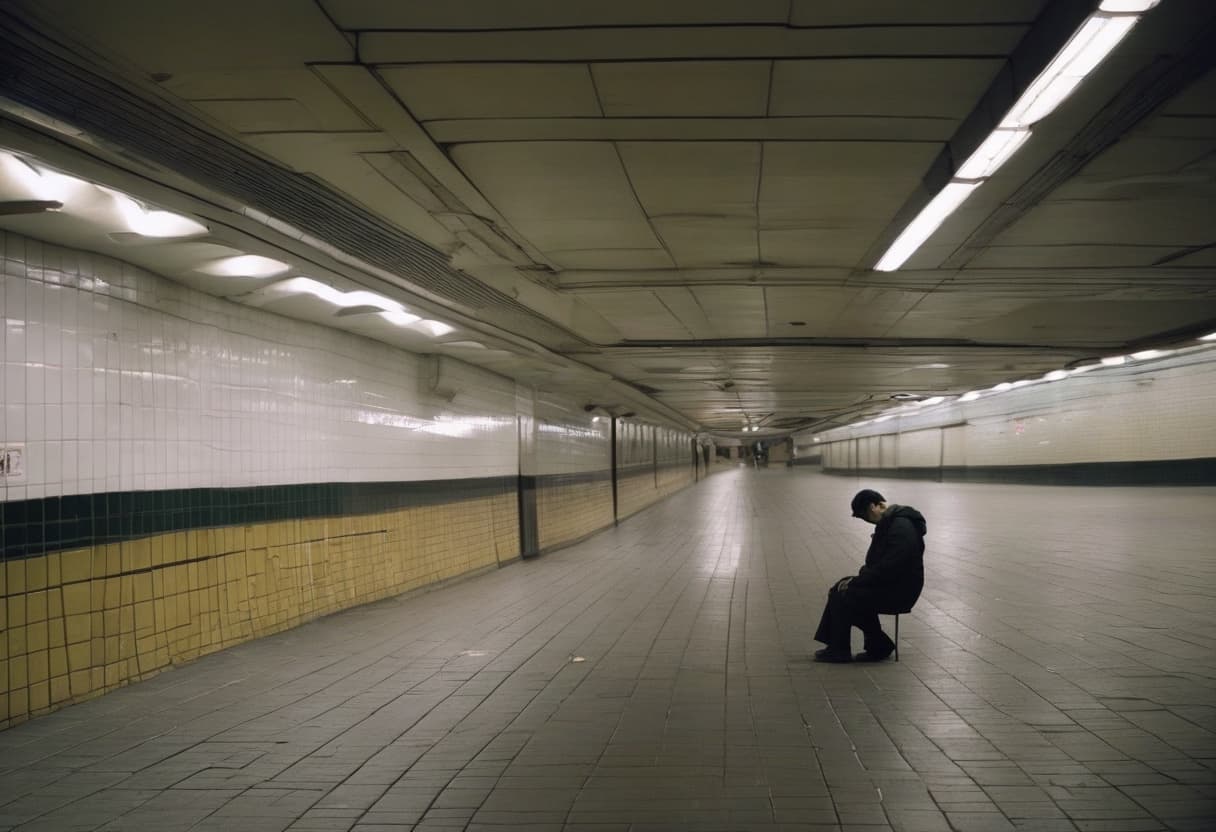 A single figure sitting hunched on a bench in a long, empty tiled subway corridor lit by fluorescent strips.