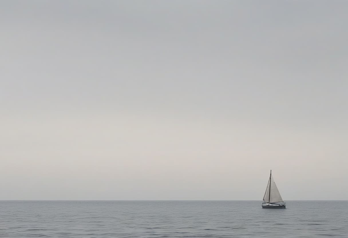 A single white sailboat far off on flat grey water beneath an empty pale sky, most of the frame left open.