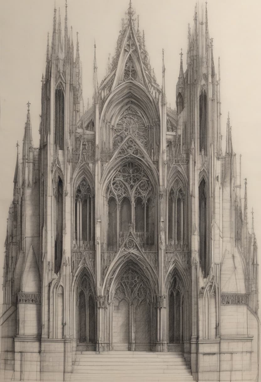 Graphite drawing of a Gothic cathedral facade, dense cross-hatching picking out spires, arches and tracery.