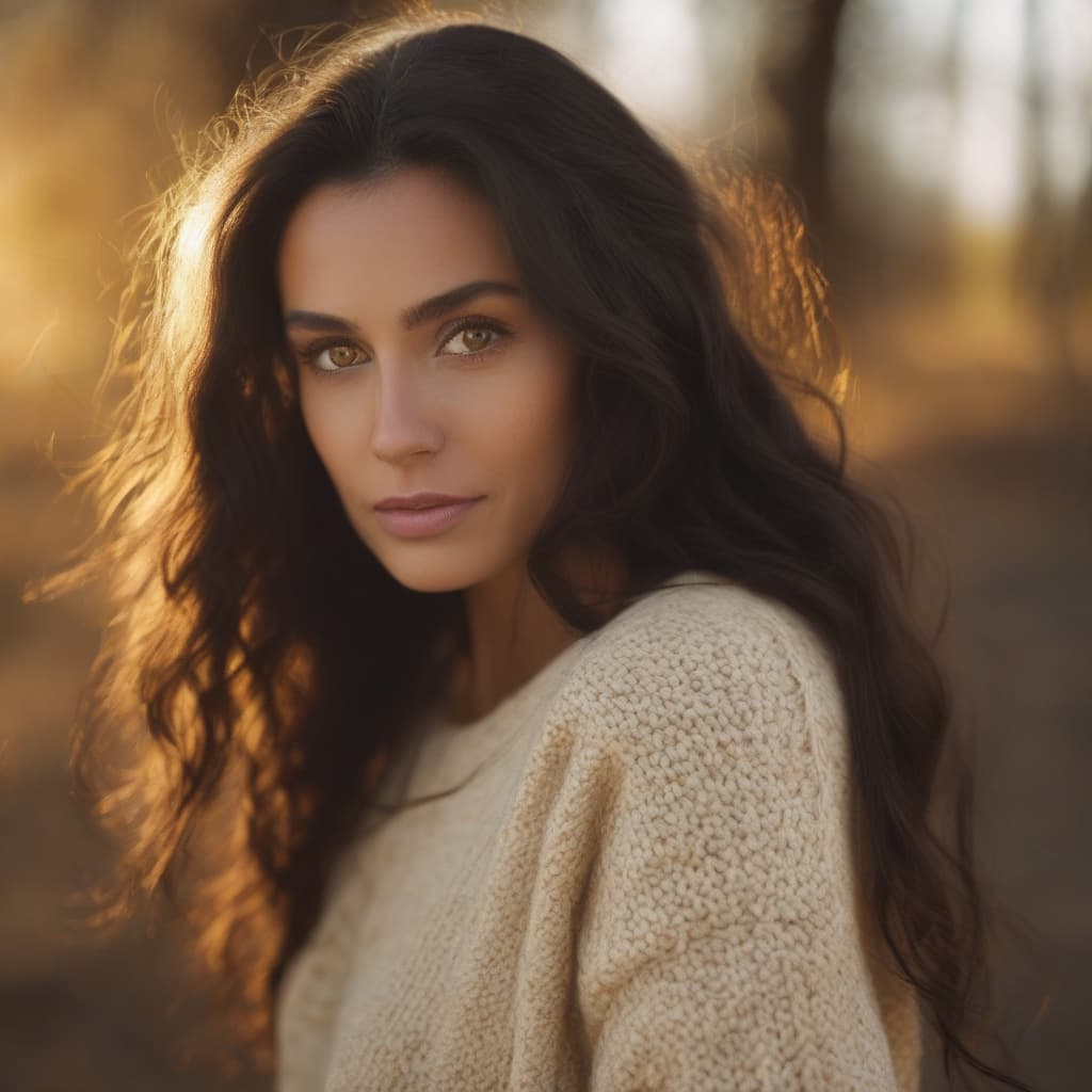 Portrait of a woman with long dark wavy hair and hazel eyes in a cream knit sweater, backlit by low golden sunlight.