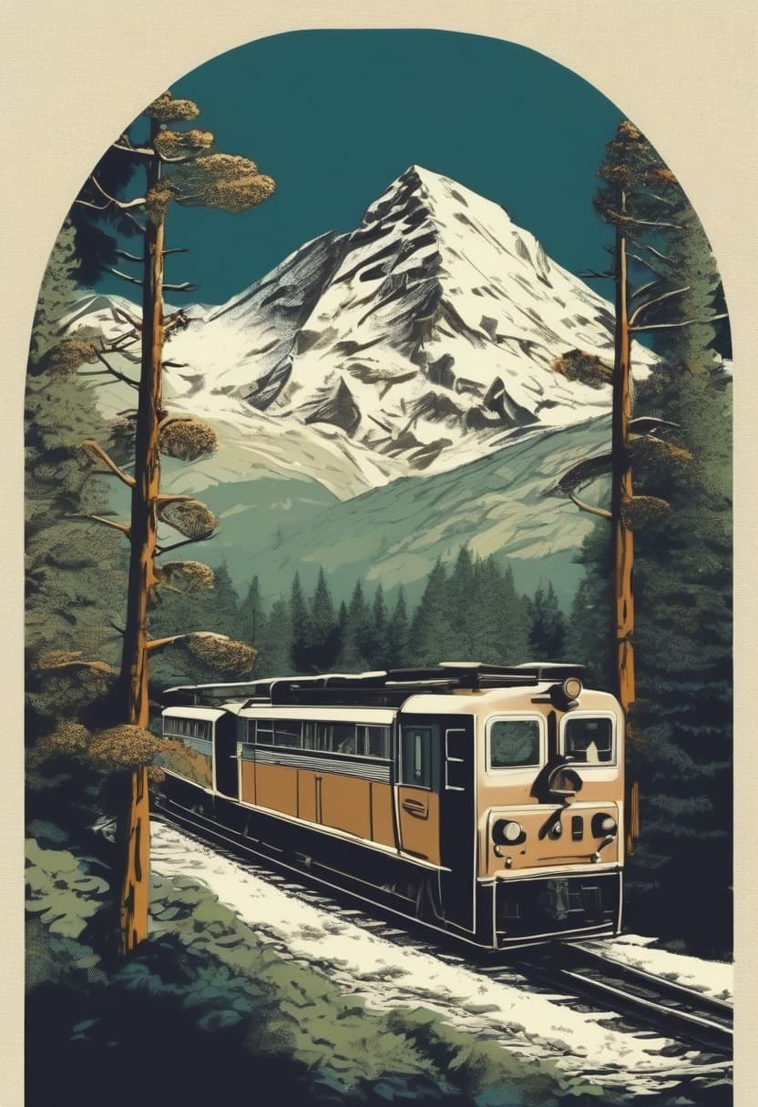 Screen-printed image of a train on a mountain railway between tall pines, a snow-covered peak behind, in muted teal and ochre.
