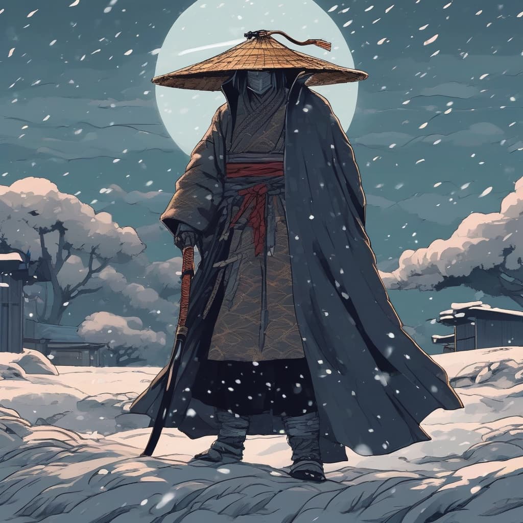 Anime illustration of a samurai in a straw hat and dark travelling cloak standing in falling snow, a pale moon behind, hand on a sheathed katana.