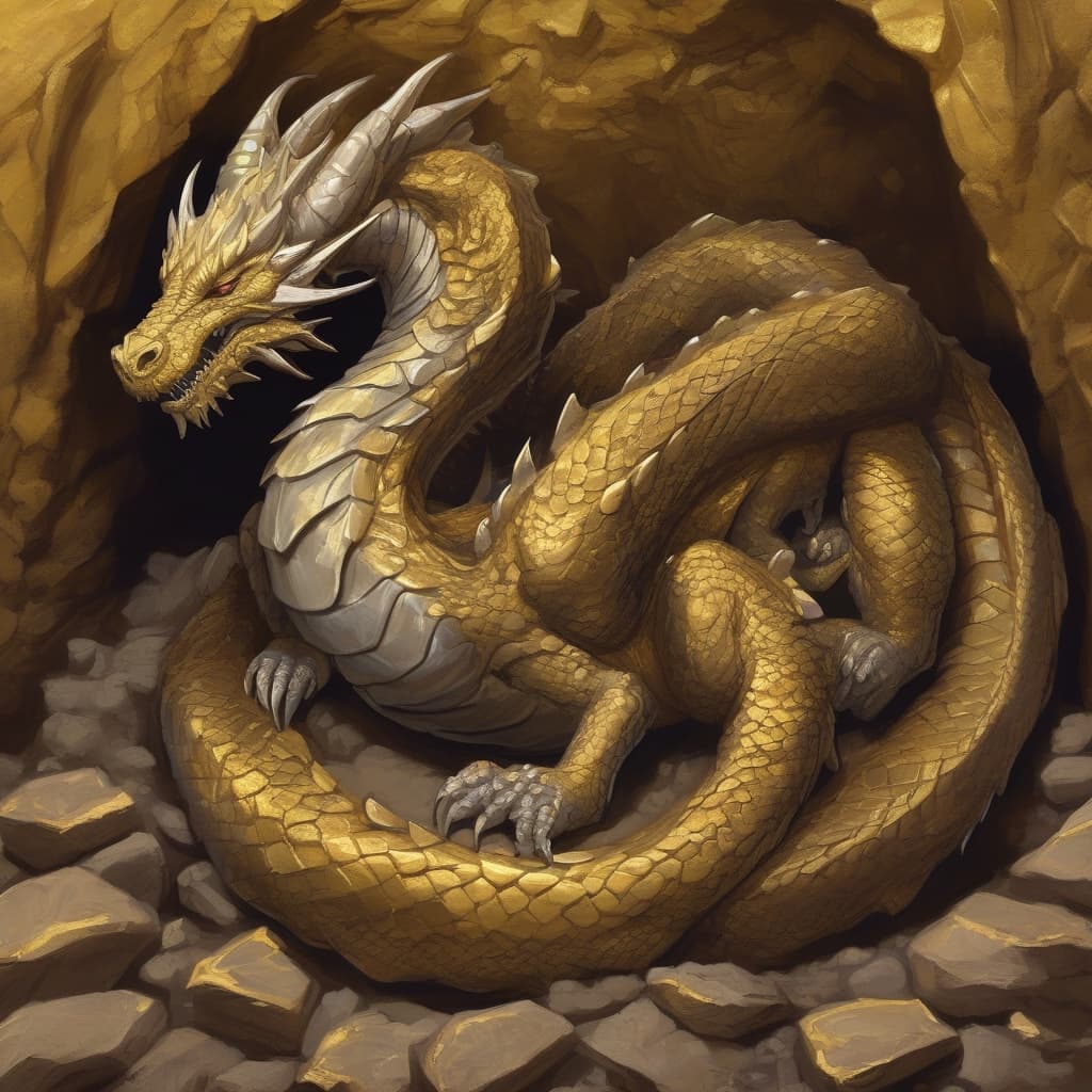 A gold-scaled dragon curled asleep on a bed of gold in a cave, painted in warm ochres.