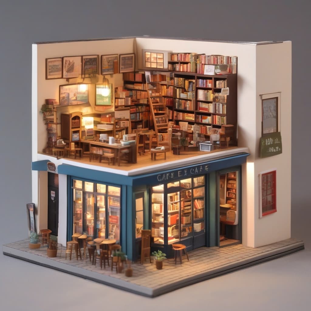 An isometric cutaway of a two-floor corner bookshop, the upper floor open to show shelves and a cafe, warm light inside.