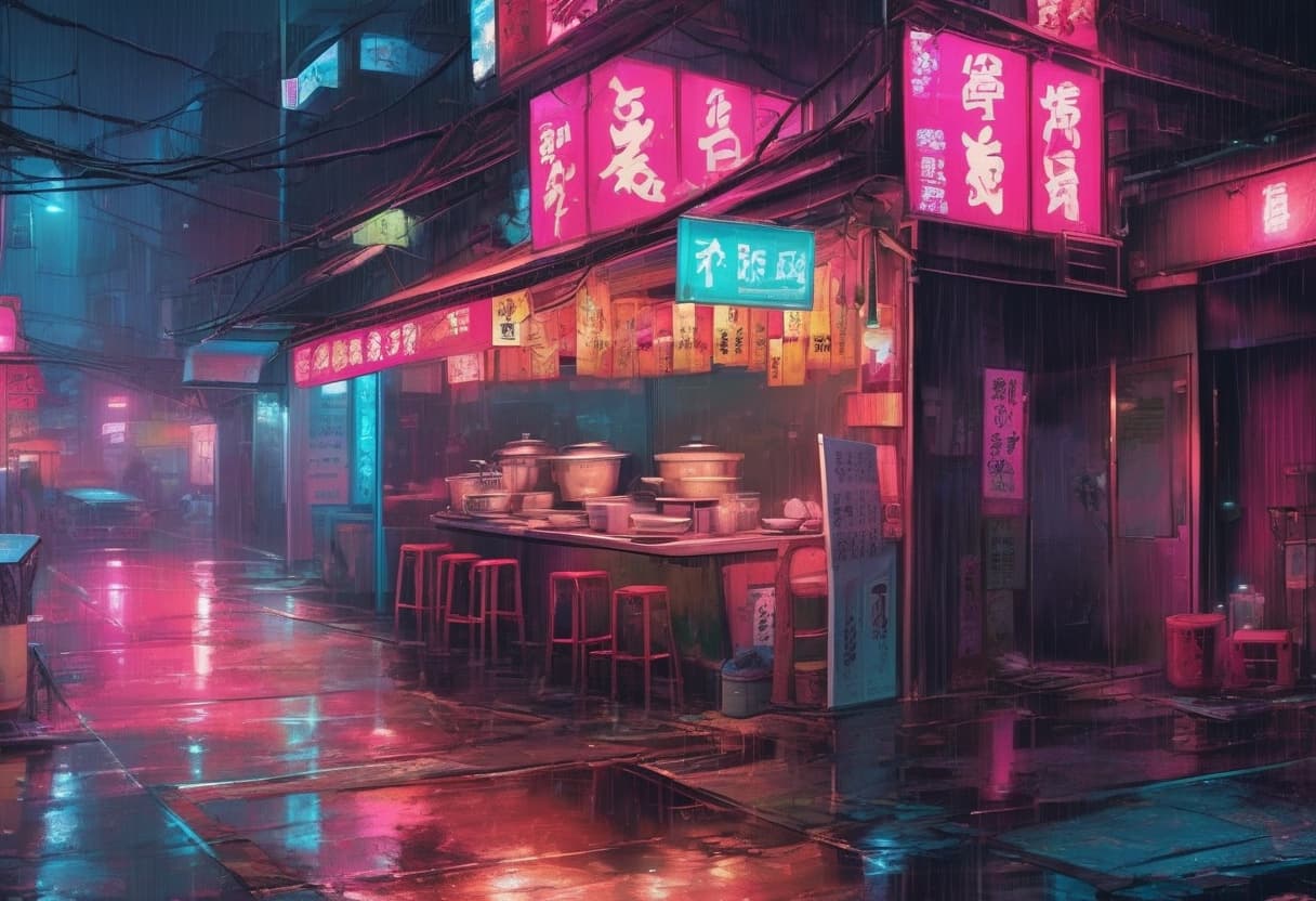 A ramen stall on a wet backstreet at night, magenta and cyan signs reflecting in the puddles, rain falling.