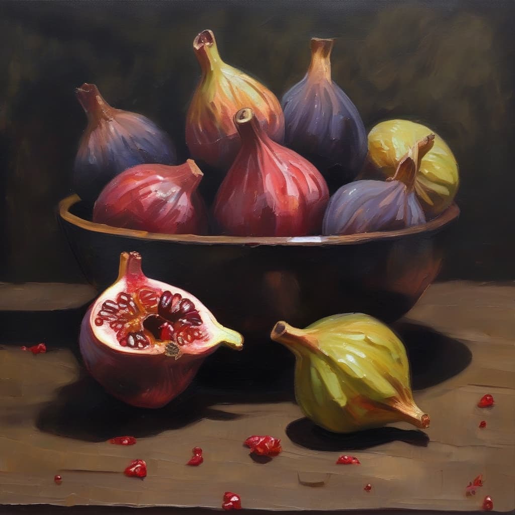 Oil painting of figs heaped in a dark bowl with a halved pomegranate beside it on a wooden table, seeds scattered.
