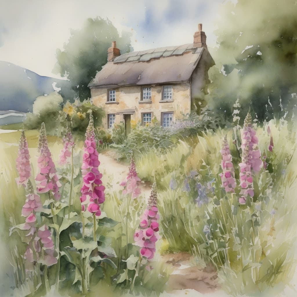 Watercolour of a stone cottage behind tall pink foxgloves and long grass, hills washed in behind.